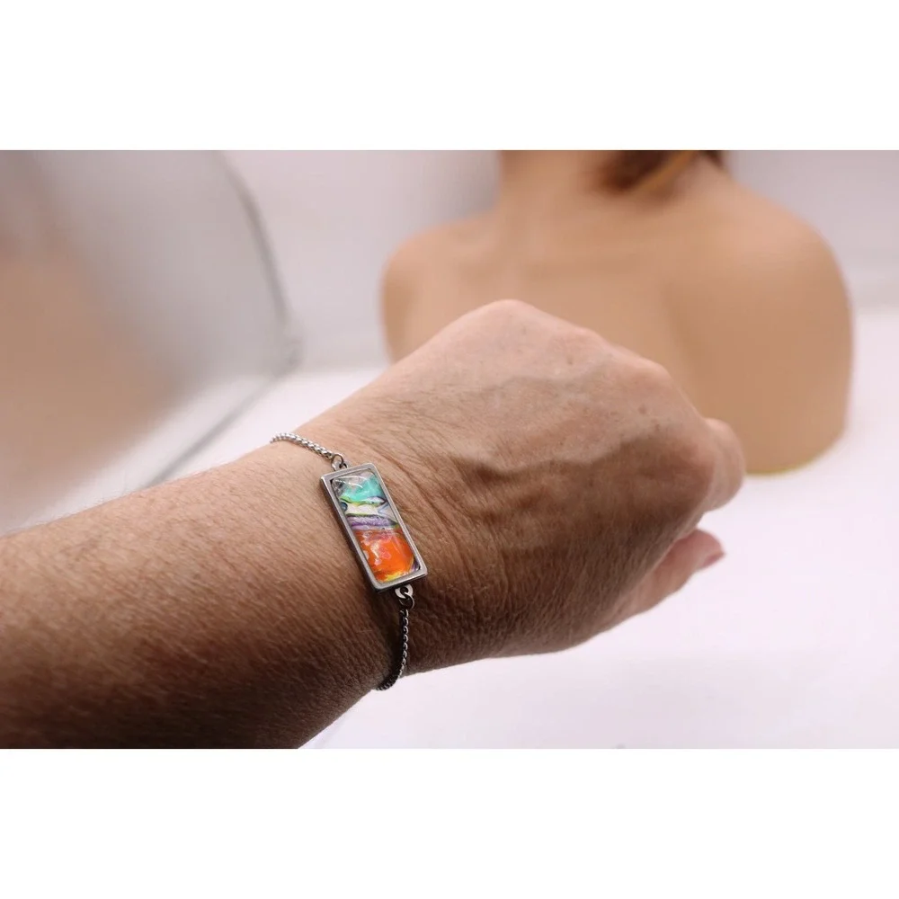 Handmade Slider Bracelet-Paint Drips-Stainless Steel-Glass-Adjustable